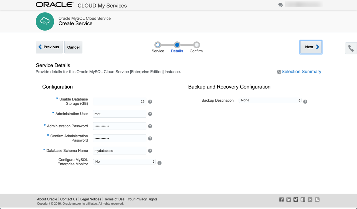 Oracle MySQL Cloud Service : Service Details