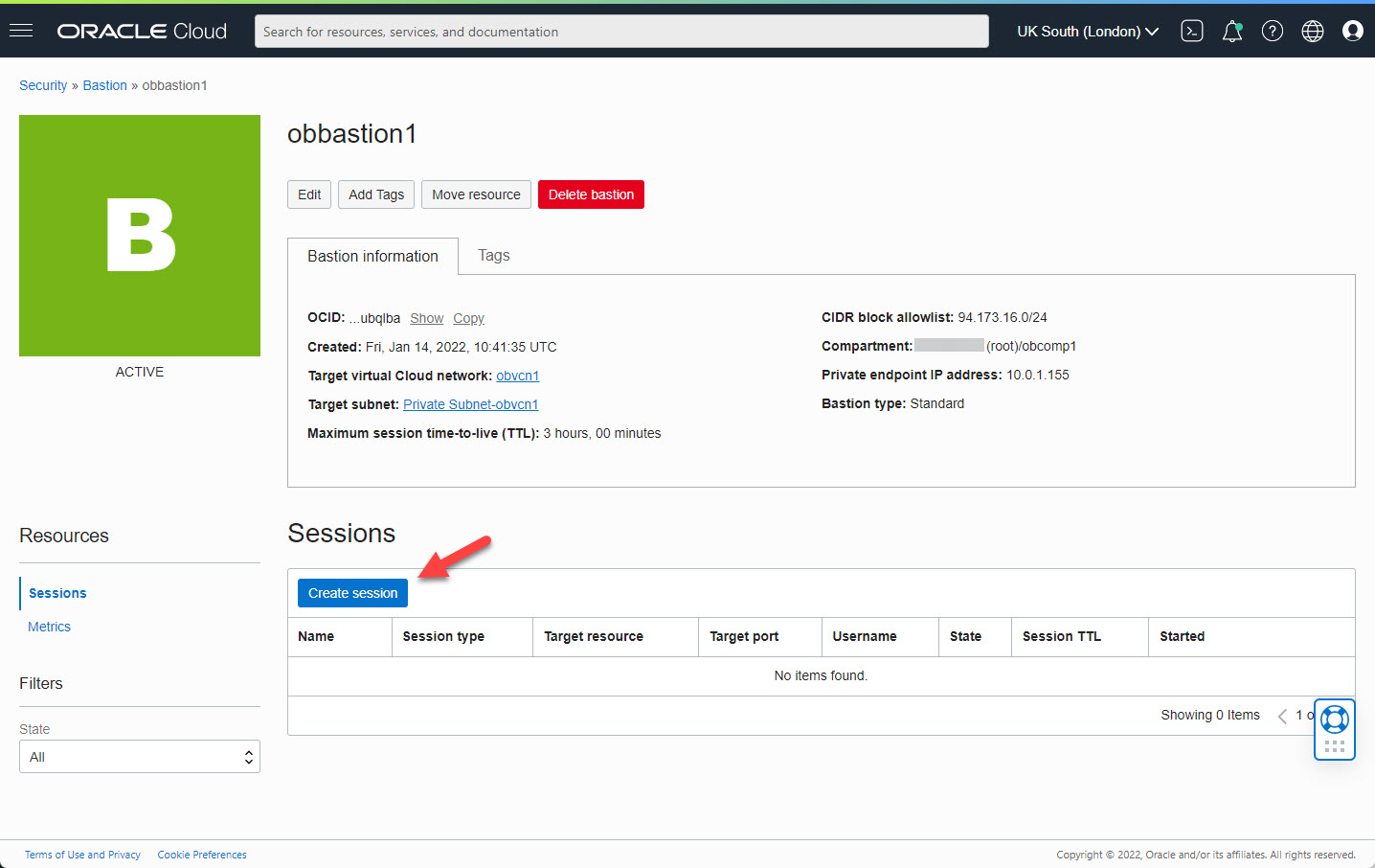 Oracle Cloud Infrastructure : Bastion Details