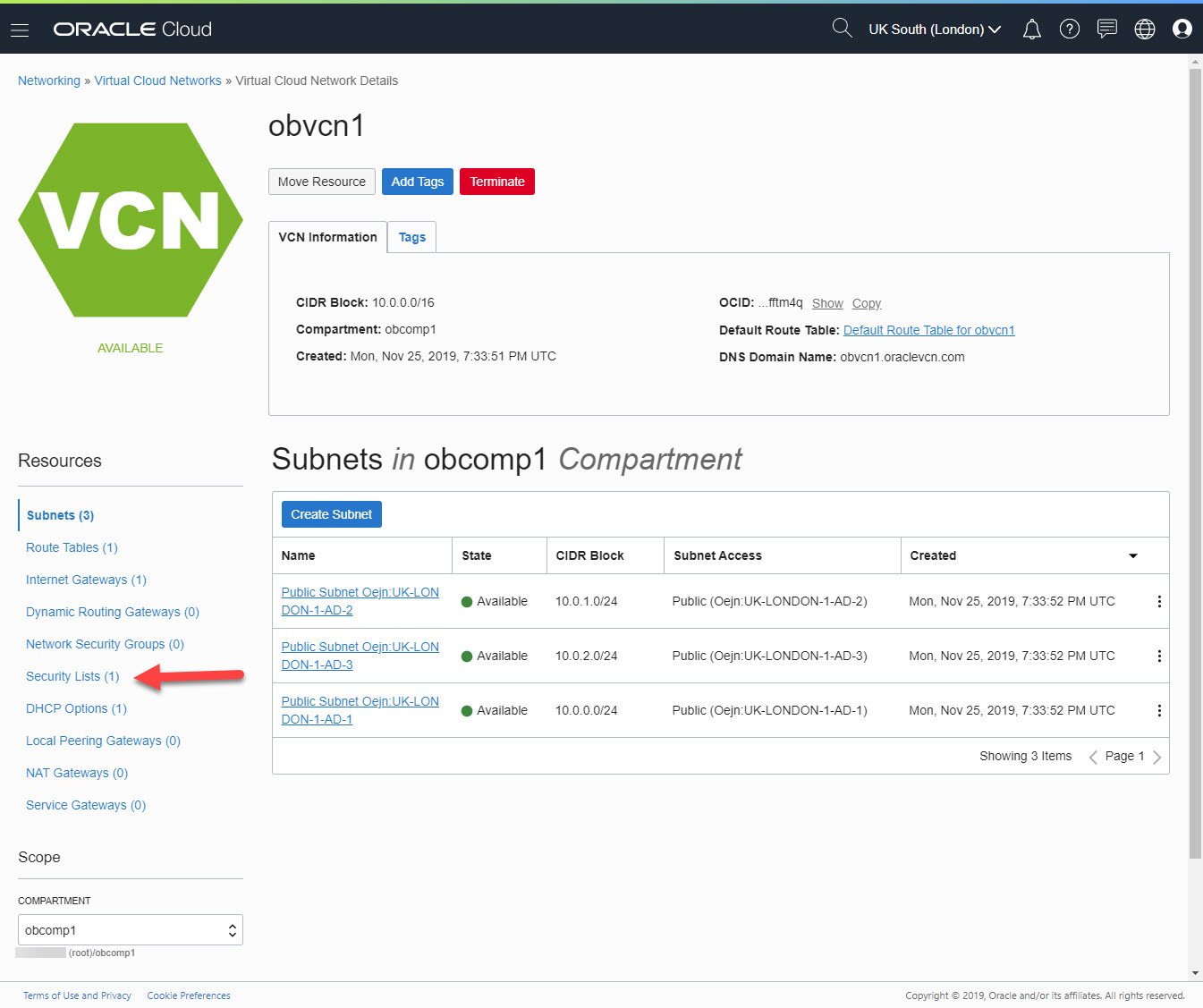 Oracle Cloud Infrastructure : VCN Detail