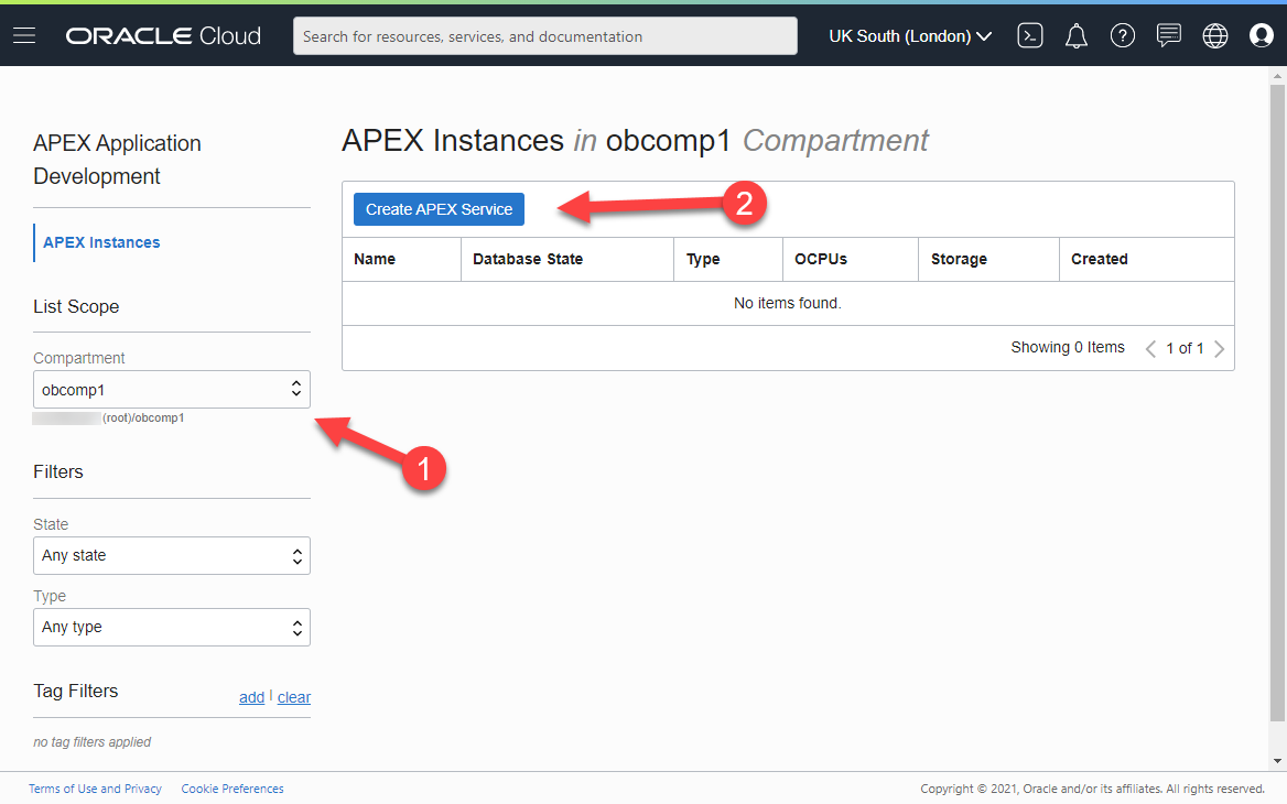 APEX Application Development Service : APEX Instances